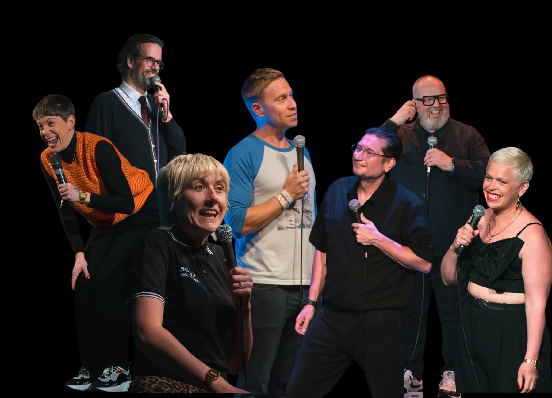 A group of comedians performing with microphones.